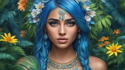 acrylic illustration, acrylic paint, oily sketch, fashion photography portrait of indian girl with blue hair, in lush jungle with flowers, 3d render, cgi, symetrical, octane render, 35mm, bokeh, 9:16, (intricate details:1.12), hdr, (intricate details, hyperdetailed:1.15), (natural skin texture, hyperrealism, soft light, sharp:1.2), detailed, sunlight passing through foliage, india