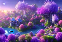 monde en fleurs, blue lake, flower tree-houses, concept art, crépuscule , fuksia bleu oranger, vibrant Color, réaliste, riviere bleu, tree-house wisteria