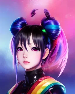 Detailed cute anime Kunoichi girl, rainbow hair buns, rainbow bangs, black latex bodysuit, intricate details, full body portrait, keep head in frame, slight smile, black Japanese motif, concept art, highly detailed, digital painting, concept art, sharp focus, illustration, art by Yoji Shinkawa, WLOP and greg rutkowski and alphonse mucha and artgerm and yanjun Chen and Junji ito and Makoto Shinkai, HDR, octane render