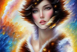 an irresistibly adorable image of a whimsical brunette woman creature with black hair and hazel eyes. Envision a charming being with fluffy, onyx-colored fur or hair that frames its endearing face. in the blowing wind Leonid Afremov