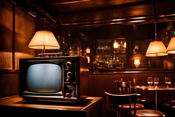 view of a Vintage 1970 television, in a smoky, dimly lit bar in tokyo, dramatic lighting and deep shadows,