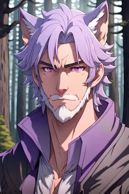 The handsome and perfect portrait is on the spruce land, anime, a casual, muscular gray-haired and lilac-eyed male character with wolf ears and a feline tail in the forest, 8K resolution, high quality, ultra graphics, and detailed with lines.