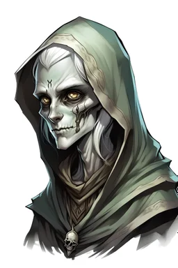 Dead pale she-elf, with skinny face, terryfying Dark eyes, and scales-like skin on her neck, hooded
