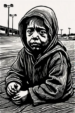 create a deeply powerful tragic, heart wrenching, and evocative, full body woodcut of a homeless and hungry young Muslim refugee children with highly detailed and deeply cut facial features, lost in a horrific post apocalyptic Gaza, in the style of KATHE KOLLWITZ , searing lines and forceful strokes