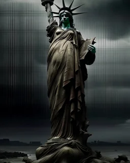 the statue of liberty, dress dirty and torn, her face solemn and terse, trash littered at her feet, she holds a crumpled american flag, she walks away under a dark and dreary sky