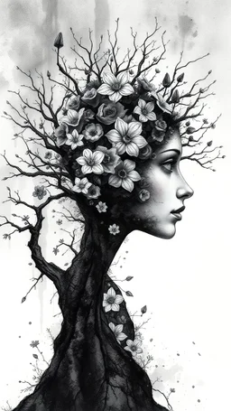 double exposure dry tree with fantasy flowers and profil one fairy face, black and gray watercolor illustration with weet ink, deep dark , surreal, dramatic atmosphere. intricate, stunning textures , mystery. stunning illustration