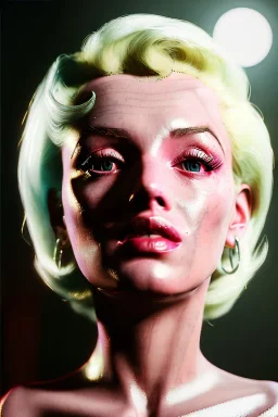 Ultra Realistic image, portrait, blonde woman, sweet Marylin Monroe face, perfect iris, glow eyes, makeup, wires attached to head. Retro sci-fi style, latex coat, fog, rain, soft color, highly detailed, unreal engine 5, ray tracing, RTX, lumen lighting, ultra detail, volumetric lighting, 3d, finely drawn, high definition, high resolution.