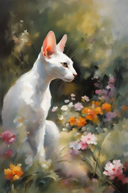 Masterpiece, best quality, Willem Haenraets style painting of a portrait of a Cornish Rex cat in the garden, painted by Willem Haenraets