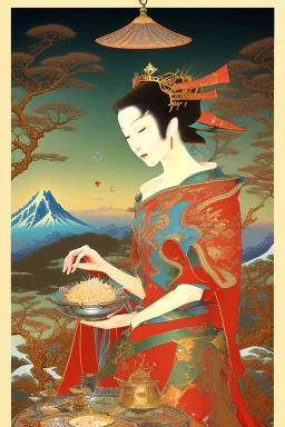 Magical mountain A fairy, clever queen feeds near the kangaroo, ukiyo-e