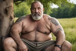 extreme close up of a 55 year old turkish farmer tattoed, sturdy, hairy very muscular overweight, with very short beard ,shaved hair , big nose, big shoulders , big arms, relaxes sitting leaning against a tree in the middle of a meadow full of pigs, shirtless with ruined old shorts, strong and muscular hairy legs, bare feet, photorealistic bucolic scene, view from the bottom, looking at camera