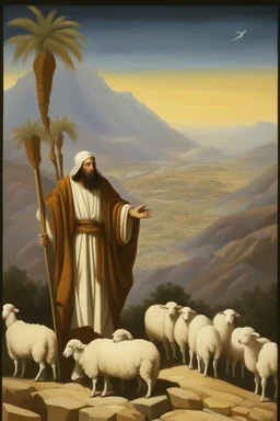 Moses stands on a mountain and holds a crooked wooden staff. Next to HIM ARE SEVERAL SHEEP, at HIS feet are stone tablets on which the ten commandments of God are written, and below is a valley with cities of Palestine where milk and honey flow. sand, palm trees and mountains. There is a silhouette of God in the sky. Everything is painted in oil painting with high-quality drawing of details