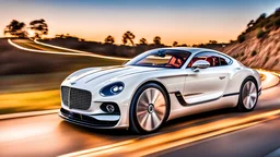 A sleek white shiny (((Bentley Porsche 2024))), its contours and details perfectly captured in a (((cinematic view))), zipping along a winding road under a beautiful blue black night sky