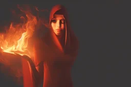 Cloaked woman holding fire, Dark moody night atmosphere, 8K, high body details, anatomically perfect bod