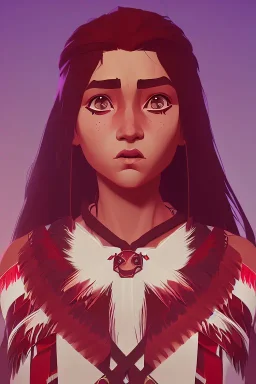 A beautiful portrait of a cute Native American girl, red color scheme, high key lighting, volumetric light high details with white stripes and feathers