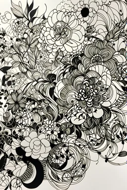 A large drawing with brushstrokes and geometric patterns and very defined details of abstract floral design black ink on white background