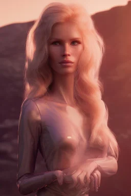 Ultra Realistic retro sci-fi scene, waist up view portrait, blonde woman, sweet young Claudia Schiffer face, perfect iris, glow eyes, makeup. Saturn background, Retro sci-fi style, helmet, tight latex coat, fog, rain, soft color, highly detailed, unreal engine 5, ray tracing, RTX, lumen lighting, ultra detail, volumetric lighting, 3d, finely drawn, high definition, high resolution.