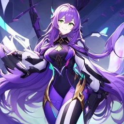 Clear focus,High resolution,High quality, Smiling, Purple long fluffy hair, Green eyes, Wearing a pink mech uniform, Honkai Impact Star Rail