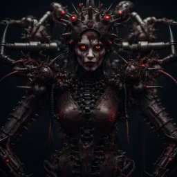 Demonic mechanical creepy aggressive necrophage zombie undead girl with scary red eyes, in a spiky leather and mechanical parts suit with tubes, dark fantasy horror, Filigree, Aesthetically pleasing, Realistic, Professional photo, 4k, hight resolution, higly detailed, 30mm lens, 1/250s, f/2.8, ISO 100