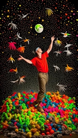 a straw man jumping to touch the moon, surrounded by multicolored paper birds, studio portaiture, john lurie, sony alpha a1, studio portrait