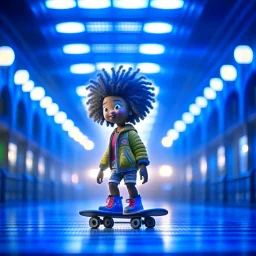 cute happy hairy chinese futuristic afro punk chat robot with skateboard photo shoot in big train hall, 8k, downlight, soft light, depth of field, photo realism, trending on art station, high detail, smoke and fog