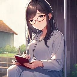 anime girl sitting on a porch swing of an old house, journaling, wearing pajamas, writing in a book, shes watching it rain, more detail on hands and her face,shes deep in her thoughts, wearing glasses, rain drops, she has a pencil in her hand and is writning in the book, she is looking down at what she is writing