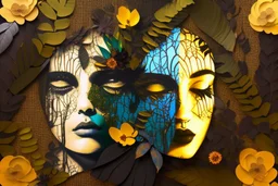 double exposure, dark night, Rainforest, flowers, birds, sleeping goddess merged layers, waterfall Patchwork and painting by Meghan Duncanson and Jennifer Lommers and Didier Lourenço in sunshine plastic 3D effect ochre, burlap, mirror foil in candlelight