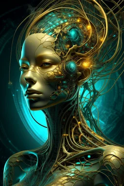 Create a surreal, futuristic portrait of a humanoid woman organic hair figure with a bright, skin surface. The figure’s head and upper body are partially disintegrated, revealing intricate, glowing, organic structures beneath the surface. The inner structures are illuminated with teal and golden hues, resembling bioluminescent veins or energy cores. The figure is in a contemplative pose, with one hand gently touching its chin. The background is minimal and abstract, allowing the focus to remain