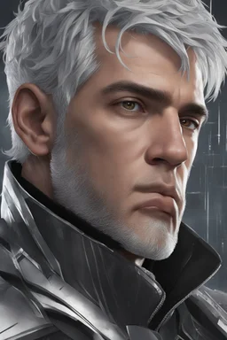 close up headshot portrait of a man in his 20's, silver hair, gray eyes, athletic build, perfect face, confident, protective-looking, Wadim Kashin, James Gurney, amazing beauty, splash art background, wears silver and black clothes, anime style, 8k resolution, high definition, intricate design,