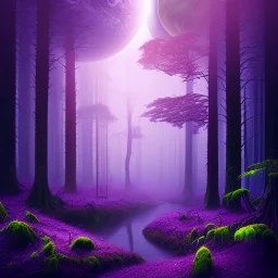 rainy forest with a purple planet over the land