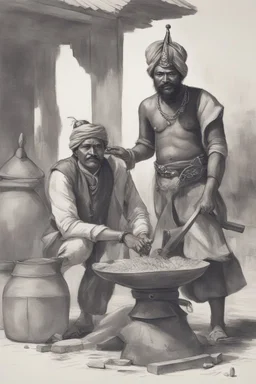 A Indian blacksmith seat on ground and work something with a Indian king standing in front of him and a bag of sandalwood on one side, the king pointing towards the Bag.