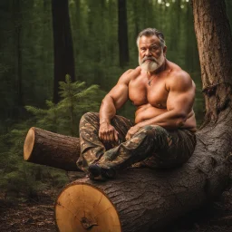 close up photography of an angry 55 years old seated on a tree trunk in the wood, strong chubby muscular , big shoulders, manly chest, bulging hunter camouflage trouser , shirtless, hairy , golden hour, tatoo, 35mm lens, f/1.8, accent lighting, global illumination, frontal view from the ground