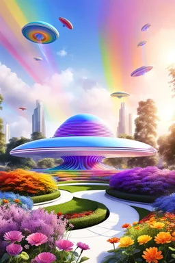 colors, very beautiful, ,flowers, garden,rainbow, cité futuriste ultra moderne, ufos