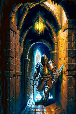 A frightening castle dungeon hallway with an knight warrior in rusty chainmail holding a zweihander painterly rpg art