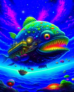 Fantasy00d Anglerfish Spacecraft Flying at Warp Speed, Stars, Planets, Galaxies, Universe, Futuristic, Ultra Detailed, Lisa Frank, Thomas Kinkade, Robert Gonsalves, Greg Rutkowski