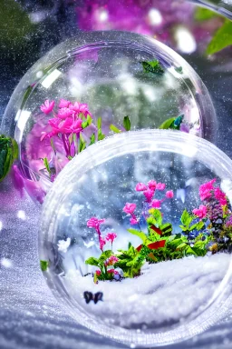 High quality photo of a botanical ecosystem contained in a snow globe, butterflies, insects, flowers,octain render, hq, centered,