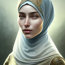 close up portrait of woman in hijab, fine detail, highly intricate, modern surrealism painting, defined cracks and breaks, high-quality, volumetric lighting, 8k, ultrahd, George Grie, Marco Escobedo, Igor Morski,Brian Froud, Howard Lyon, Selina French,