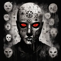 Creepy Zodiac killer mask patterned with arcane cipher symbols that are sharp big bold taking a life of their own, hyperreal horror art, by Dave McKean, by Stephen Gammell, by Godmachine, cipher symbols, black backdrop, smooth perfect modern comic horror book art, crimson splatter, by Russ Mills.