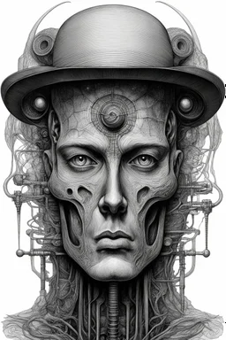 The face of a man with a hat a thin line draw ، front view camera, decayed and rotting with grotesque proportions and imagery. surreal horror, biomechanical design, by hr giger and beksinski , fine lines draw