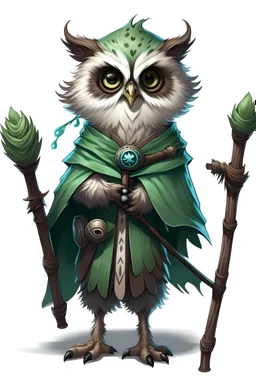 Northern Saw-whet Owlin Human Size Sorcerer from Dungeons and Dragons, young inexperienced, Magic staff