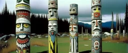 A gray rocky tundra designed in pacific Northwest totem poles painted by Andy Warhol
