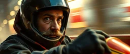 gokart mozart with gloves bewildered looks beyond really powerful, fantasy illustration in the style of Rembrandt, motion blur background