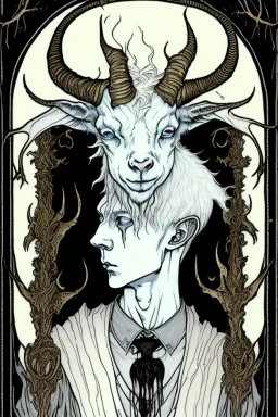 Emo, albino, teen, goat horned, satyr, alchemist, with goat horns on his head, in the style of Harry Clarke