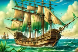 Illustrate a high quality masterpiece nautical color drawing of"The Salty Serpent," a two-masted sturdy merchant ship set in a tropical coastal region. Emphasize the ship's proud and sturdy nautical flair, vibrant and bustling tropical port activities. The illustration should evoke the spirit of maritime adventure and trade suitable for a dungeons and dragons rulebook.