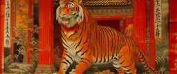 An orangish red fiery temple with a scorching tiger painted by Guo Xi