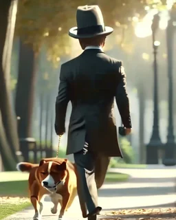 Hombre cara de perro con traje sombrero elegante detallado cuerpo humano completo pantalones zapatos caminando en el parque 4k