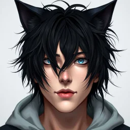 An androgynous man with messy black hair, black cat ears on his head, blue eyes.