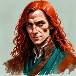 dnd, fantasy, watercolour, stylistic, portrait, illustration, dull colours, male, face, narrow long face, weathered face, green eyes, determined, happy, red hair, very long hair streaming down the shoulders, radiating light, five o'clock shadow