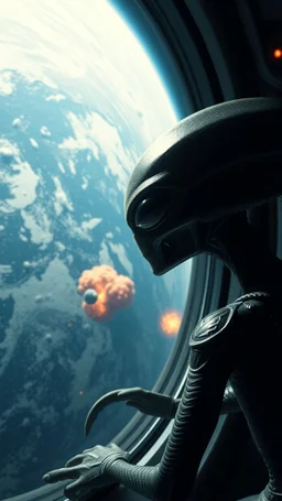 Alien inside a space ship looking at earth through his big window , too many explosions on earth