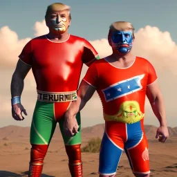 Realistic image of Donald trump wrestler, Mexican wrestling style, Mexican wrestling mask, chin and nose visibles, red and blue breeches, glow us flag dress, suspenders, retro style, 80s, vibrant color, highly detailed, sky background, concept art, unreal engine 5, god rays, ray tracing, RTX, lumen lighting, ultra detail, volumetric lighting, 3d, finely drawn, high definition, high resolution.