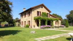 big beautiful country side villa with a large garden and grass and flowers in front and stone pavements